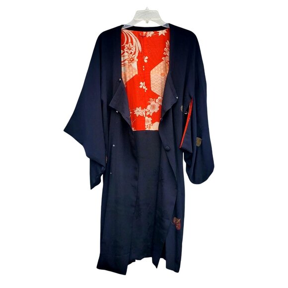 Vintage Japanese Black Silk Kimono Haori Hand Painted Metallic Leaves Red Lining - Picture 2 of 13